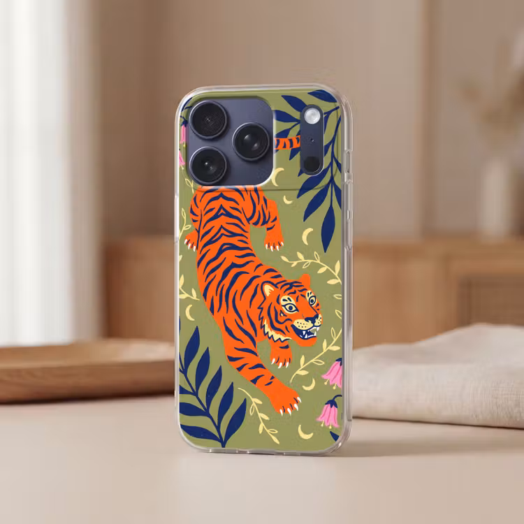 Telefoonhoesje - Tijger - Bladeren - Dieren - Illustratie - Oranje — 3