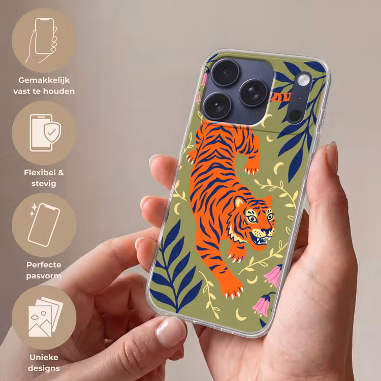 Telefoonhoesje - Tijger - Bladeren - Dieren - Illustratie - Oranje — 4