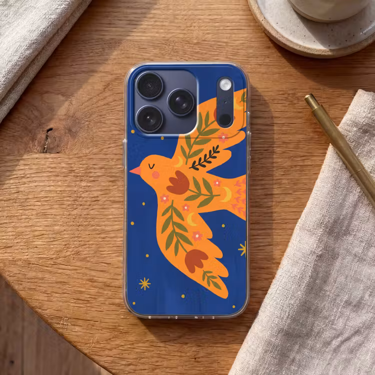 Telefoonhoesje - Vogel - Bloemen - Decoratief - Oranje - Blauw — 2