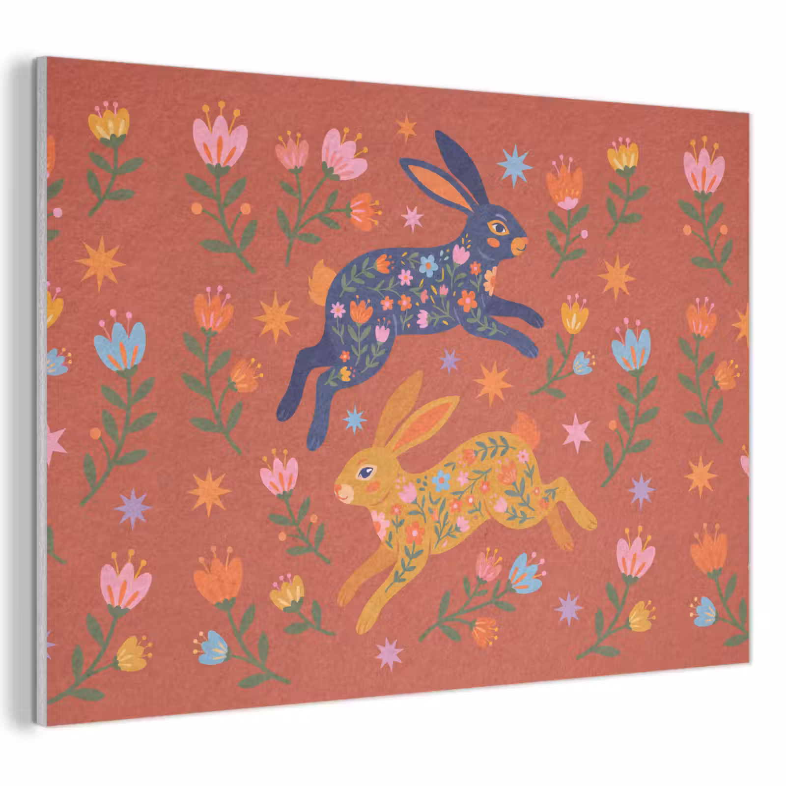 Akoestisch schilderij - Konijn - Bloemen - Folk Art - Kleurrijk - Dieren — 1