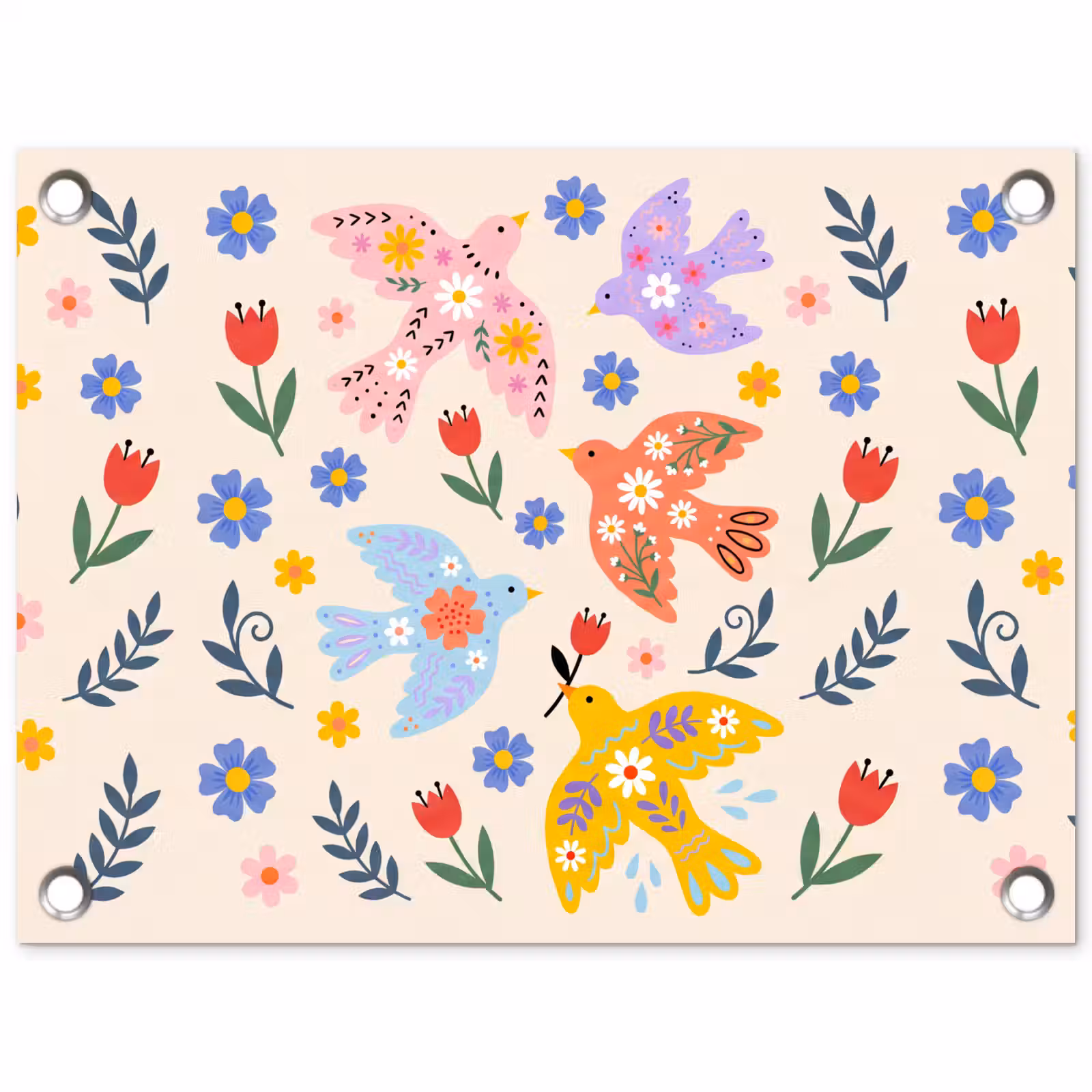 Tuinposter - Vogel - Bloemen - Folk - Kleurrijk - Dieren — 1