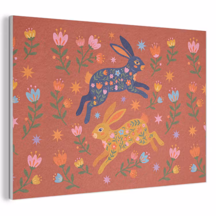 Akoestisch schilderij - Konijn - Bloemen - Folk Art - Kleurrijk - Dieren — 1