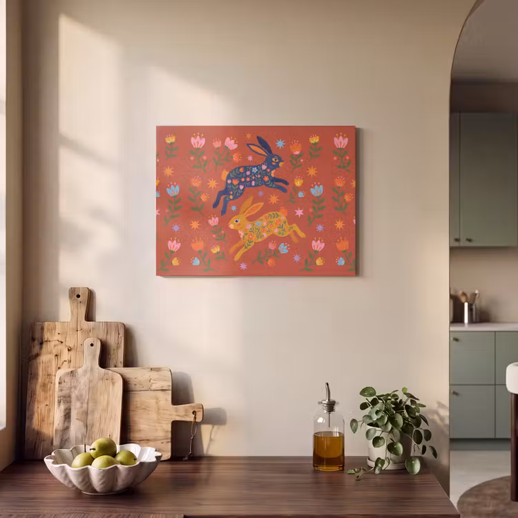 Akoestisch schilderij - Konijn - Bloemen - Folk Art - Kleurrijk - Dieren — 3