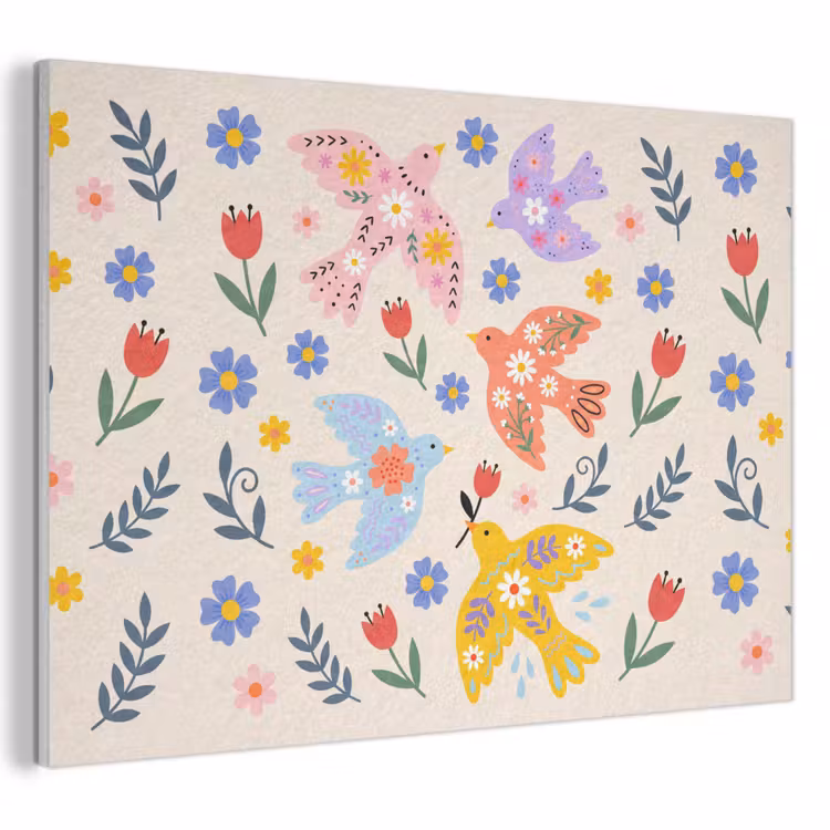 Akoestisch schilderij - Vogel - Bloemen - Folk - Kleurrijk - Dieren — 1