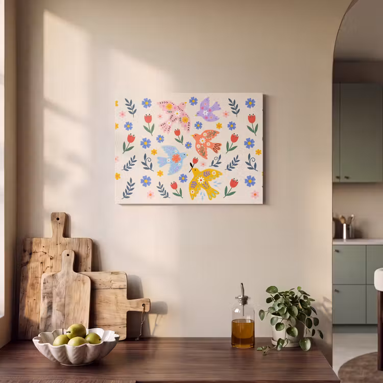 Akoestisch schilderij - Vogel - Bloemen - Folk - Kleurrijk - Dieren — 3