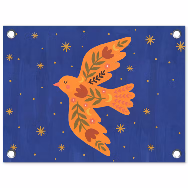 Tuinposter - Vogel - Bloemen - Decoratief - Oranje - Blauw — 1