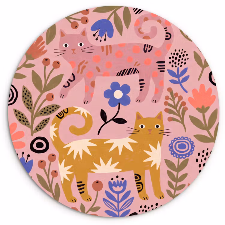Muurcirkel glas - Kat - Bloemen - Dieren - Modern - Roze — 1