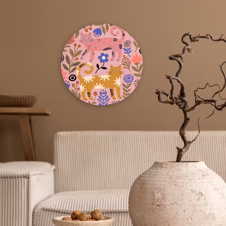 Muurcirkel glas - Kat - Bloemen - Dieren - Modern - Roze — 2