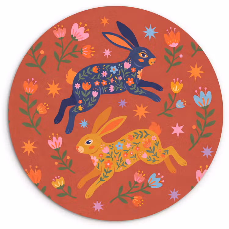 Muurcirkel glas - Konijn - Bloemen - Folk Art - Kleurrijk - Dieren — 1