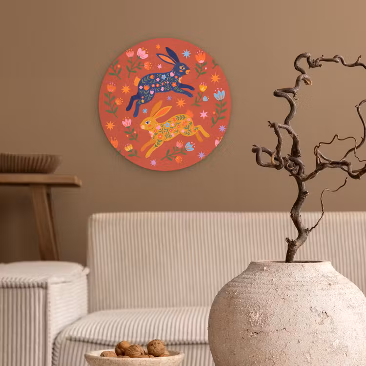 Muurcirkel glas - Konijn - Bloemen - Folk Art - Kleurrijk - Dieren — 2