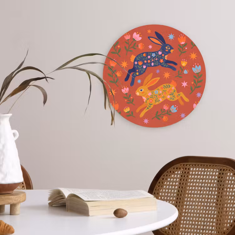 Muurcirkel glas - Konijn - Bloemen - Folk Art - Kleurrijk - Dieren — 4