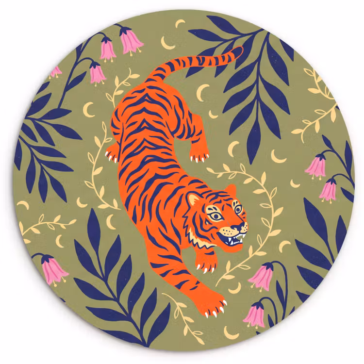 Muurcirkel glas - Tijger - Bladeren - Dieren - Illustratie - Oranje — 1