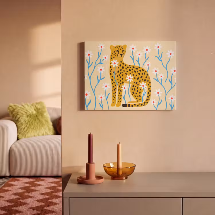 Akoestisch schilderij - Dieren - Jachtluipaard - Bloemen - Modern - Geel — 2