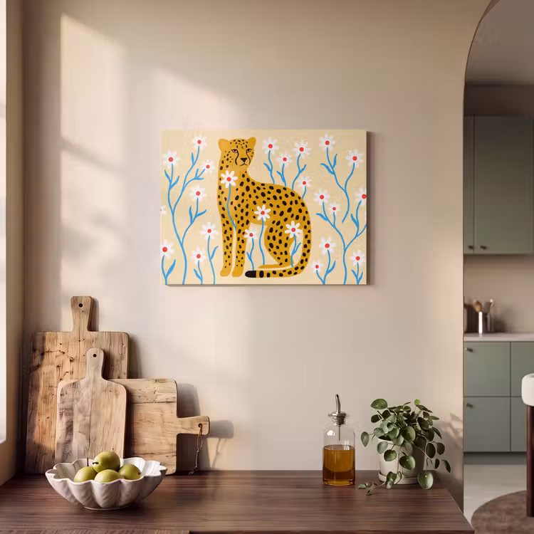 Akoestisch schilderij - Dieren - Jachtluipaard - Bloemen - Modern - Geel — 3