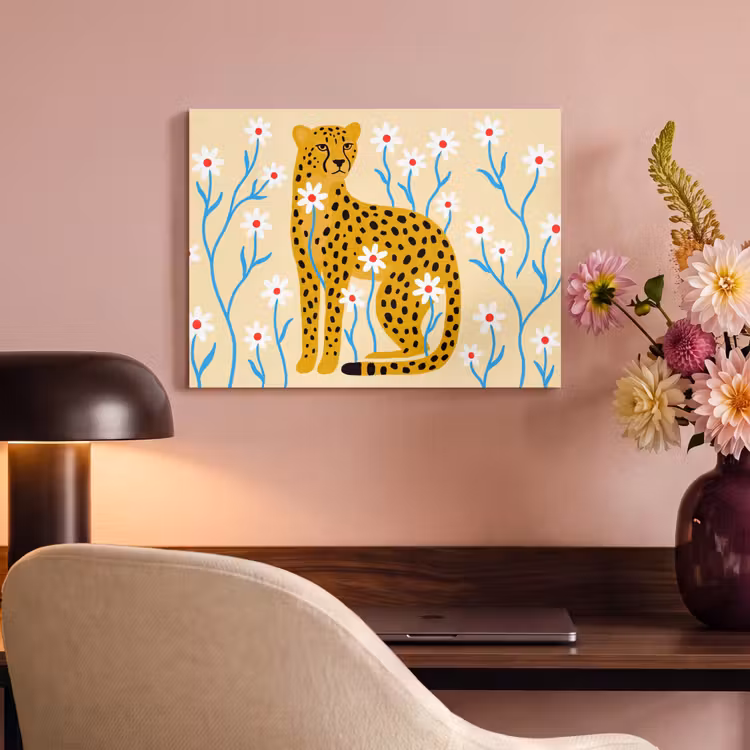 Akoestisch schilderij - Dieren - Jachtluipaard - Bloemen - Modern - Geel — 4