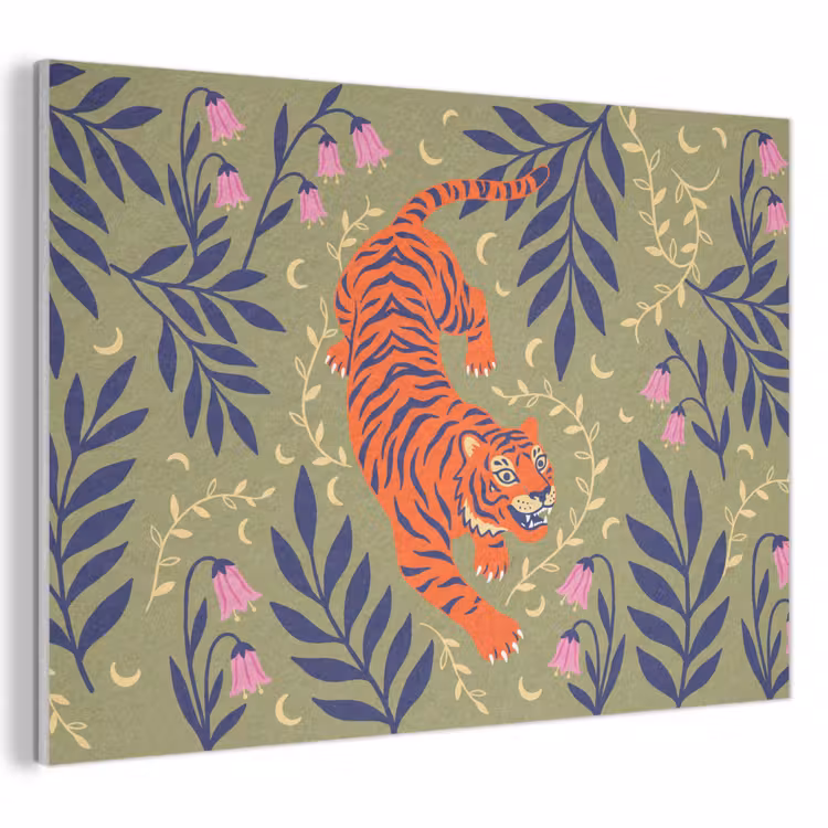 Akoestisch schilderij - Tijger - Bladeren - Dieren - Illustratie - Oranje — 1