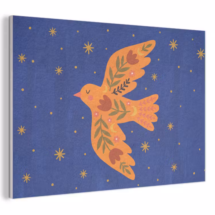 Akoestisch schilderij - Vogel - Bloemen - Decoratief - Oranje - Blauw — 1