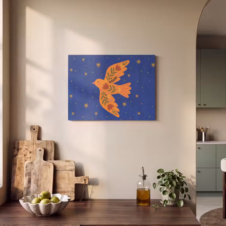 Akoestisch schilderij - Vogel - Bloemen - Decoratief - Oranje - Blauw — 3