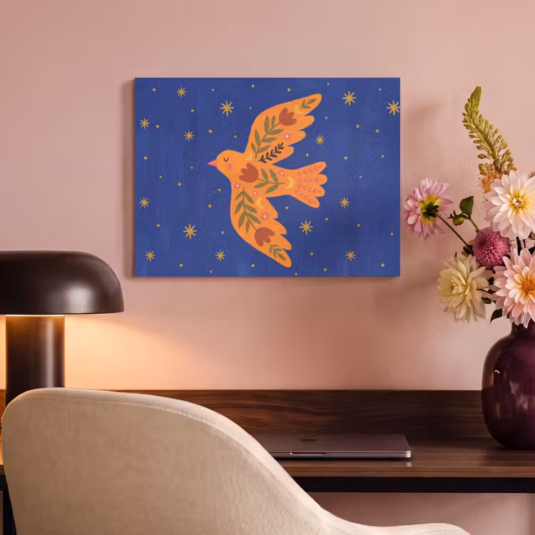 Akoestisch schilderij - Vogel - Bloemen - Decoratief - Oranje - Blauw — 4