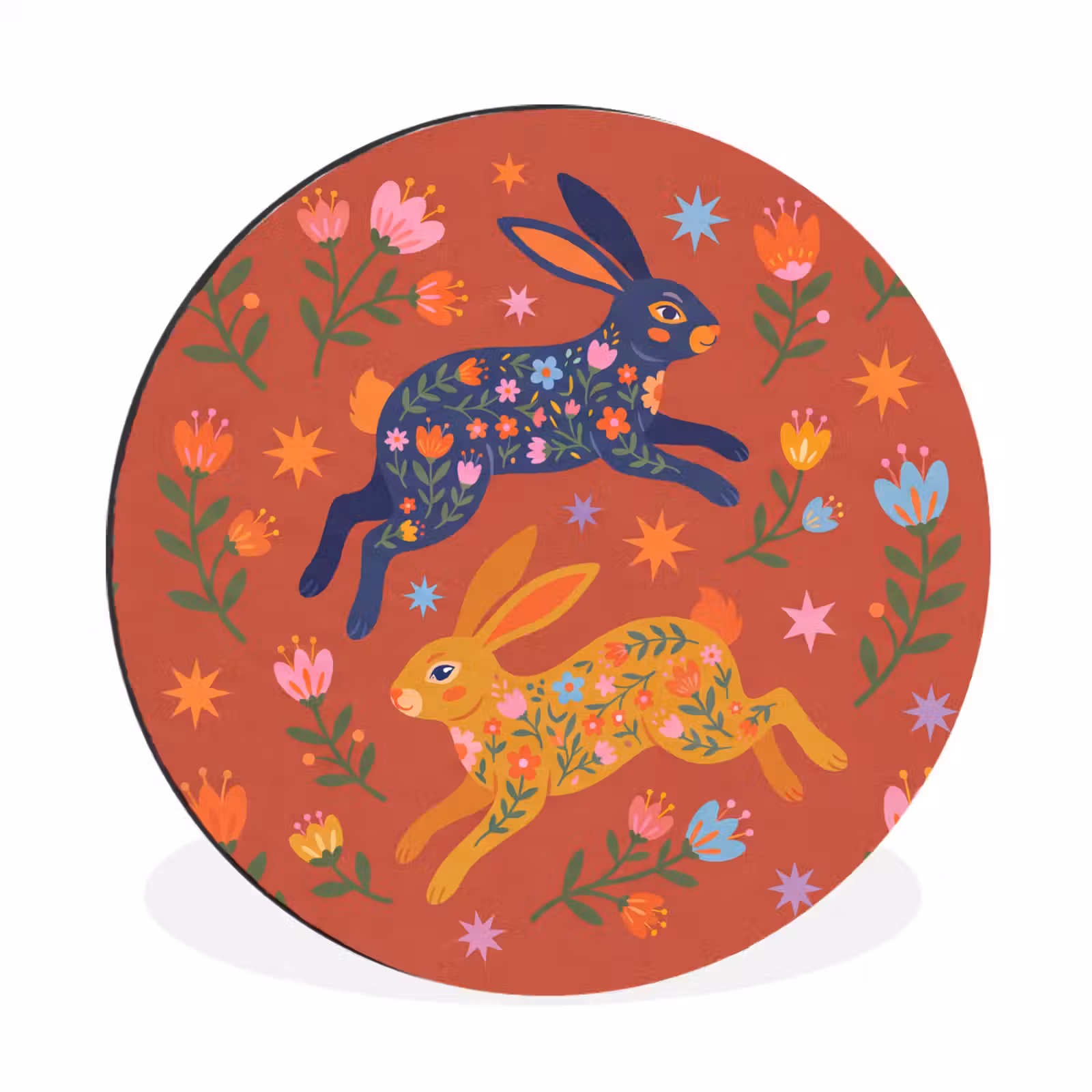 Muurcirkel aluminium - Konijn - Bloemen - Folk Art - Kleurrijk - Dieren — 1
