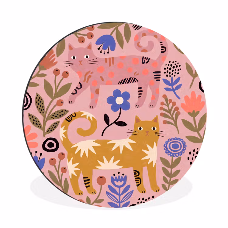 Muurcirkel aluminium - Kat - Bloemen - Dieren - Modern - Roze — 1