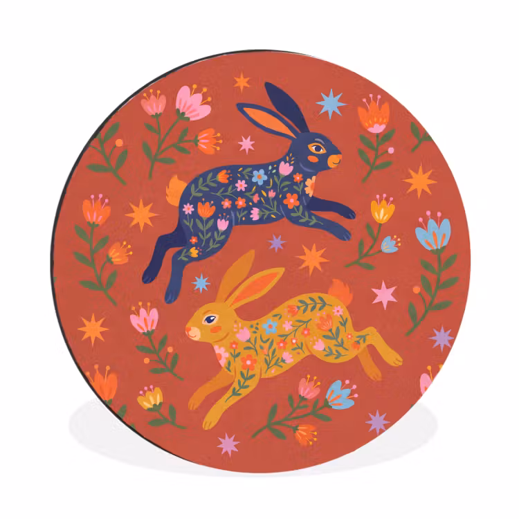 Muurcirkel aluminium - Konijn - Bloemen - Folk Art - Kleurrijk - Dieren — 1