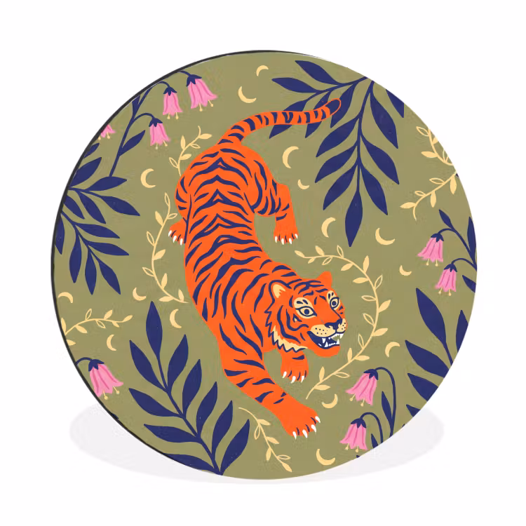 Muurcirkel aluminium - Tijger - Bladeren - Dieren - Illustratie - Oranje — 1