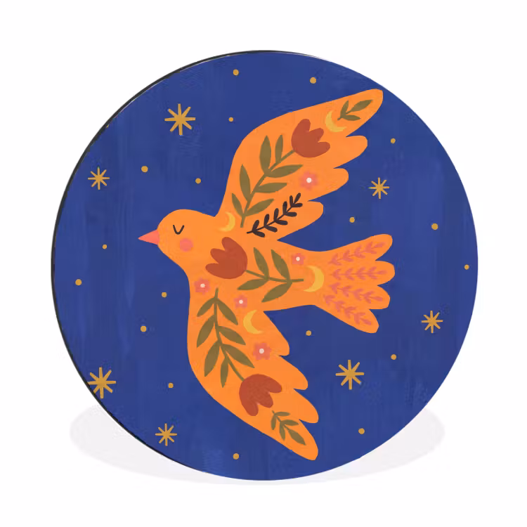 Muurcirkel aluminium - Vogel - Bloemen - Decoratief - Oranje - Blauw — 1