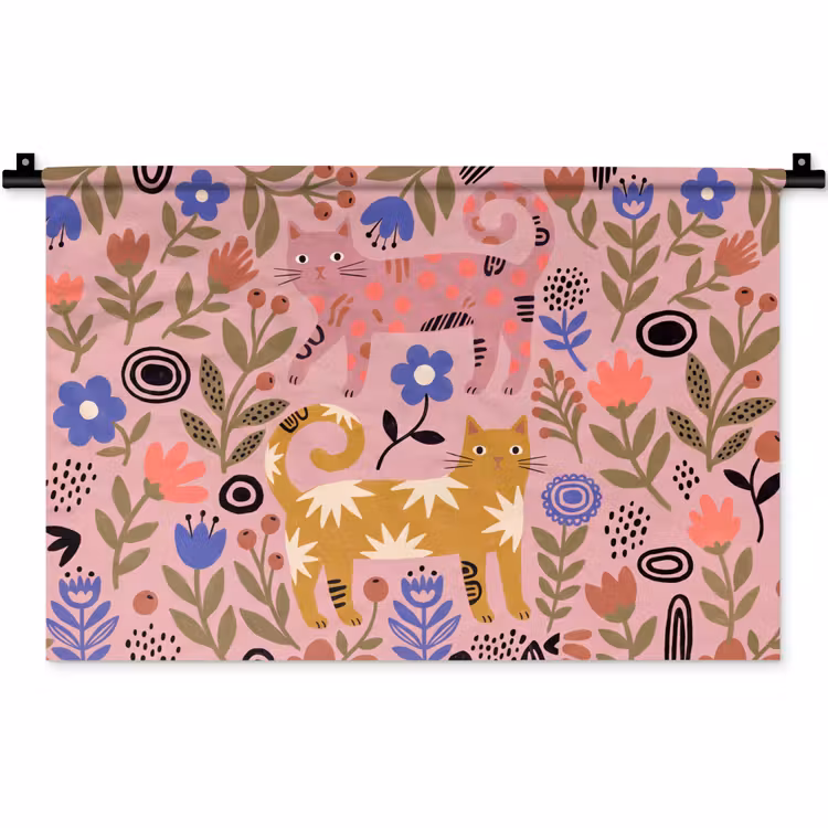 Wandkleed - Kat - Bloemen - Dieren - Modern - Roze — 1