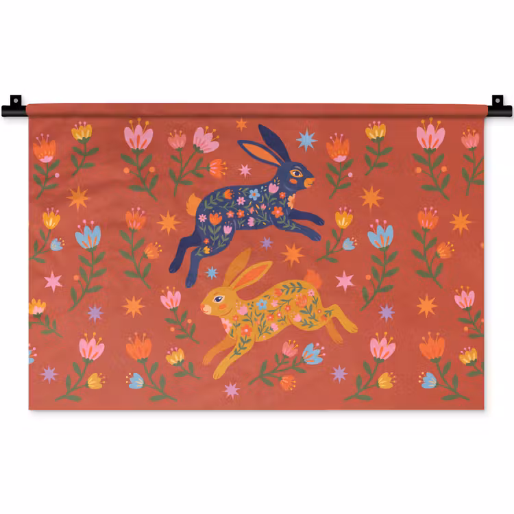 Wandkleed - Konijn - Bloemen - Folk Art - Kleurrijk - Dieren — 1
