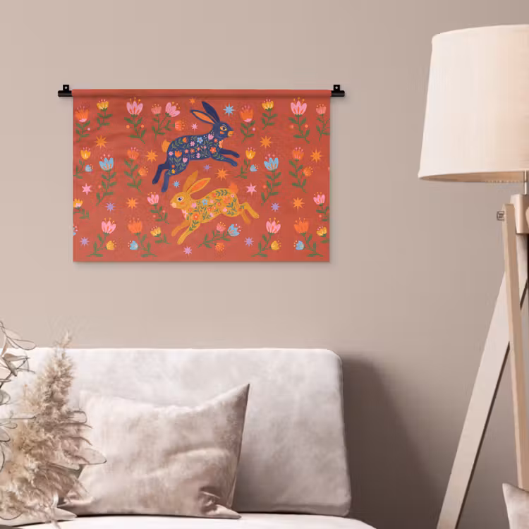 Wandkleed - Konijn - Bloemen - Folk Art - Kleurrijk - Dieren — 2