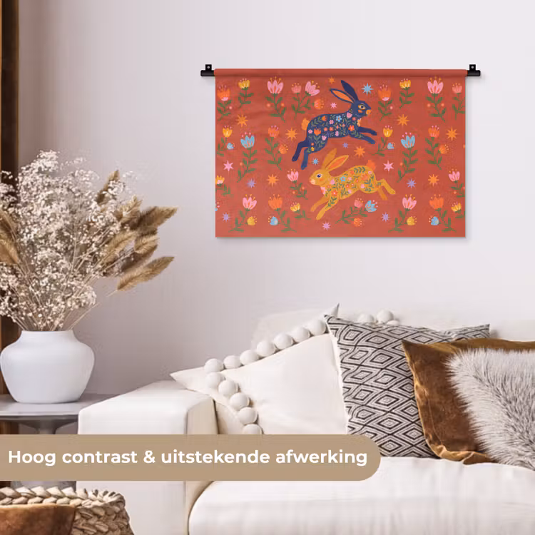 Wandkleed - Konijn - Bloemen - Folk Art - Kleurrijk - Dieren — 4