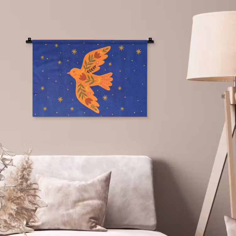 Wandkleed - Vogel - Bloemen - Decoratief - Oranje - Blauw — 2