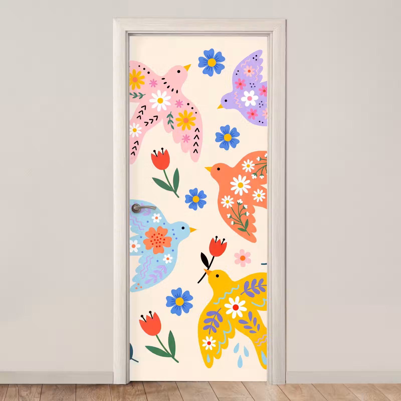 Deursticker - Vogel - Bloemen - Folk - Kleurrijk - Dieren — 1