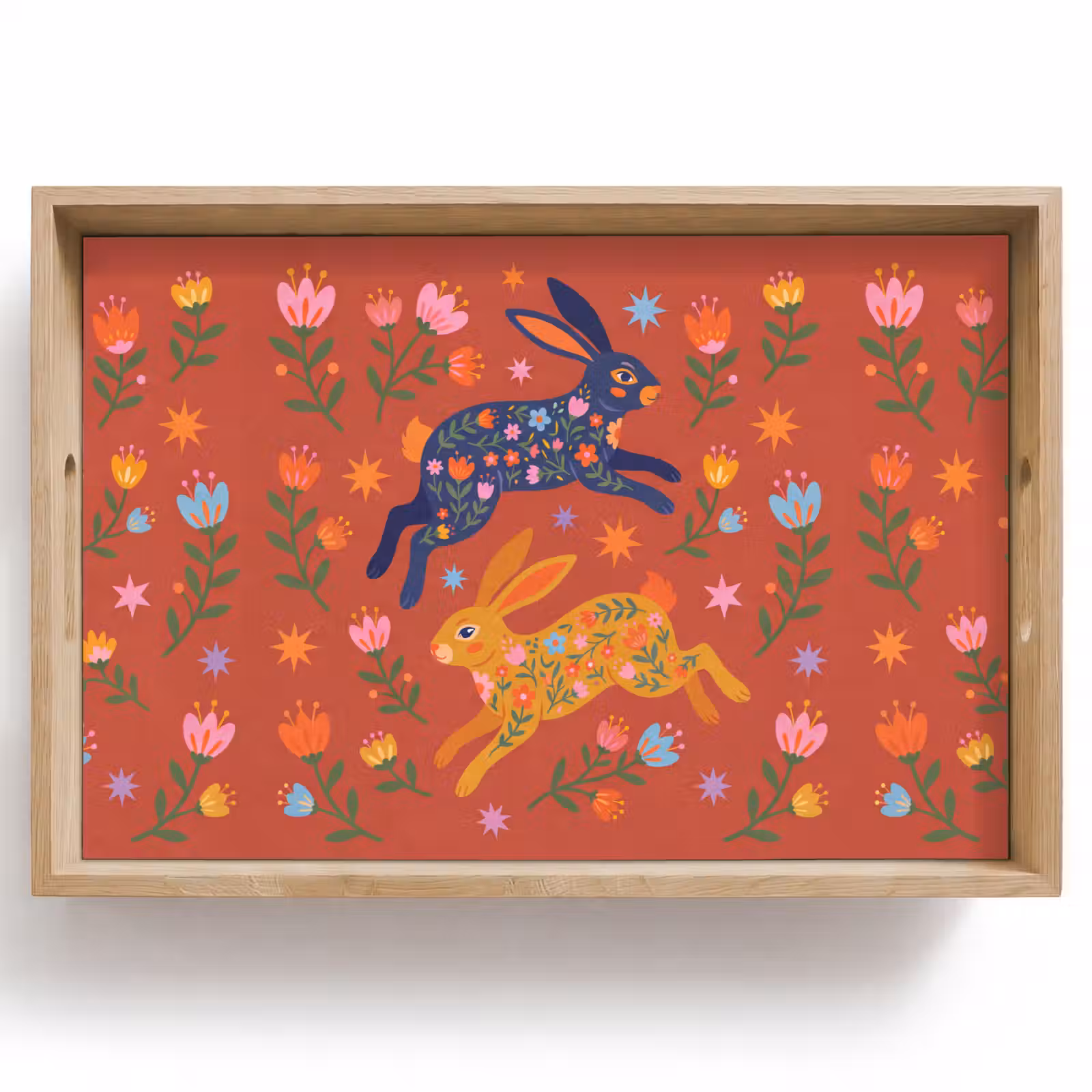 Dienblad - Konijn - Bloemen - Folk Art - Kleurrijk - Dieren — 1
