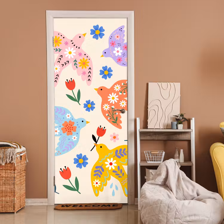 Deursticker - Vogel - Bloemen - Folk - Kleurrijk - Dieren — 2