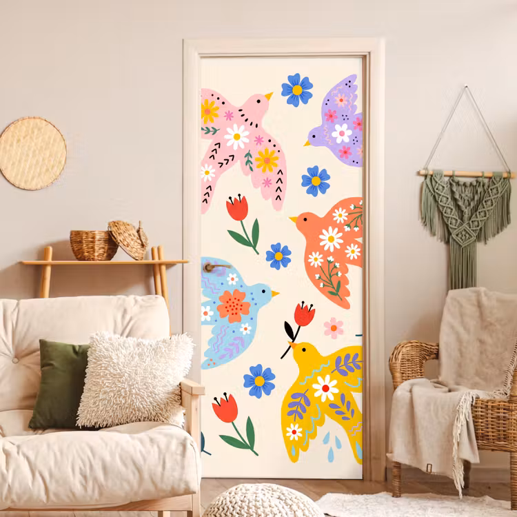Deursticker - Vogel - Bloemen - Folk - Kleurrijk - Dieren — 4