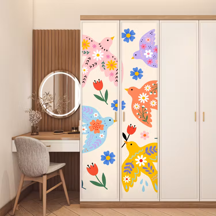 Deursticker - Vogel - Bloemen - Folk - Kleurrijk - Dieren — 5