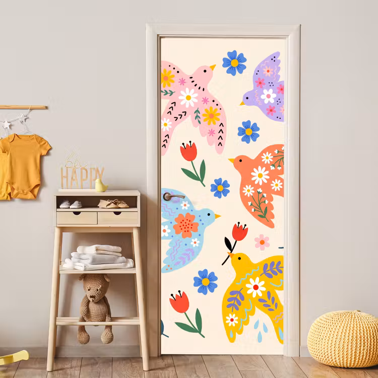 Deursticker - Vogel - Bloemen - Folk - Kleurrijk - Dieren — 6