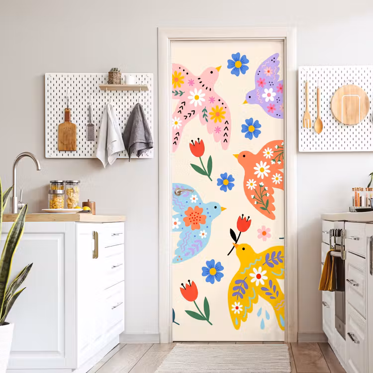Deursticker - Vogel - Bloemen - Folk - Kleurrijk - Dieren — 7