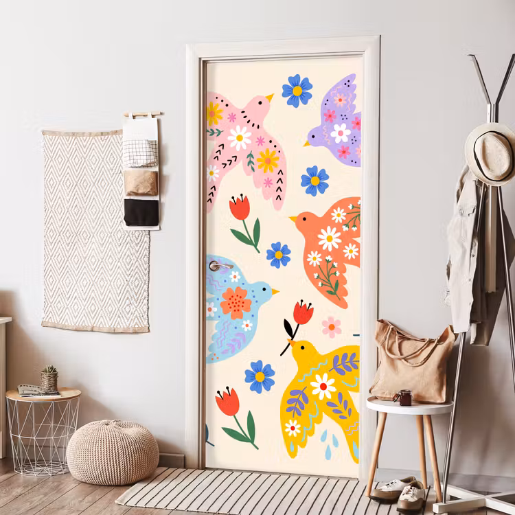Deursticker - Vogel - Bloemen - Folk - Kleurrijk - Dieren — 8