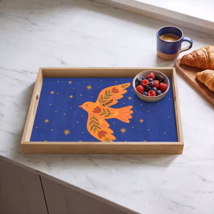 Dienblad - Vogel - Bloemen - Decoratief - Oranje - Blauw — 4
