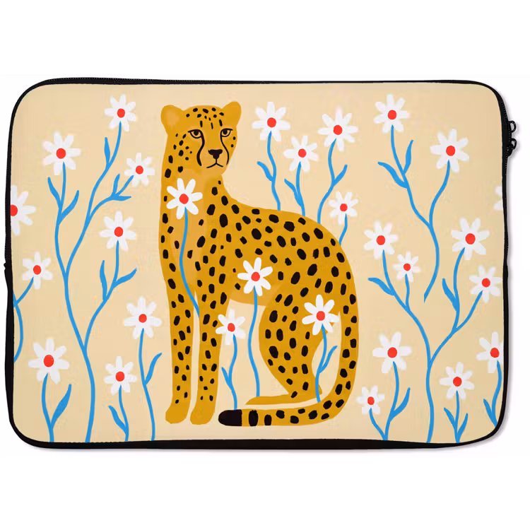 Laptophoes Dieren - Jachtluipaard - Bloemen - Modern - Geel — 1