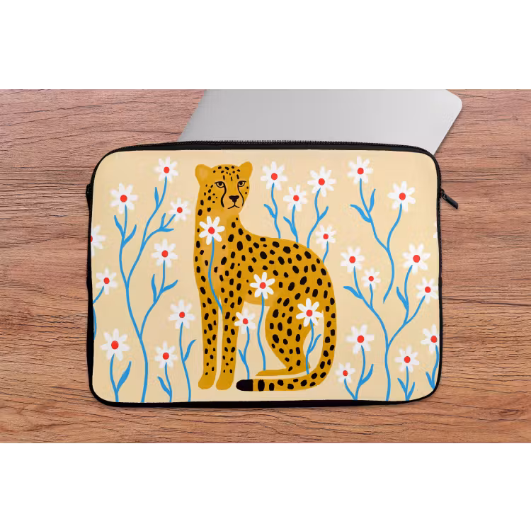 Laptophoes Dieren - Jachtluipaard - Bloemen - Modern - Geel — 2