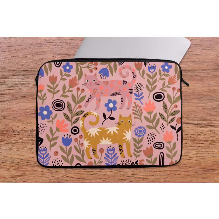 Laptophoes Kat - Bloemen - Dieren - Modern - Roze — 2