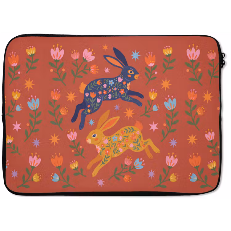 Laptophoes Konijn - Bloemen - Folk Art - Kleurrijk - Dieren — 1