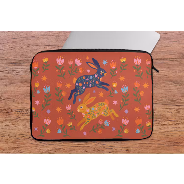 Laptophoes Konijn - Bloemen - Folk Art - Kleurrijk - Dieren — 2