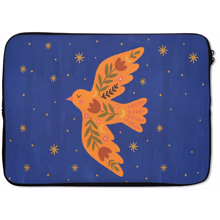 Laptophoes Vogel - Bloemen - Decoratief - Oranje - Blauw — 1