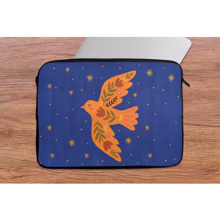 Laptophoes Vogel - Bloemen - Decoratief - Oranje - Blauw — 2