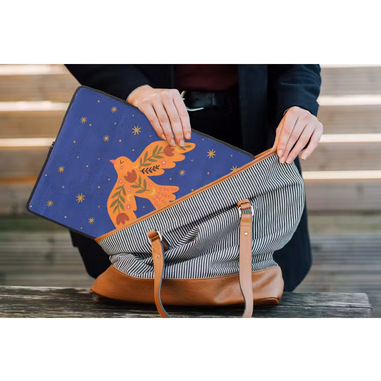 Laptophoes Vogel - Bloemen - Decoratief - Oranje - Blauw — 4